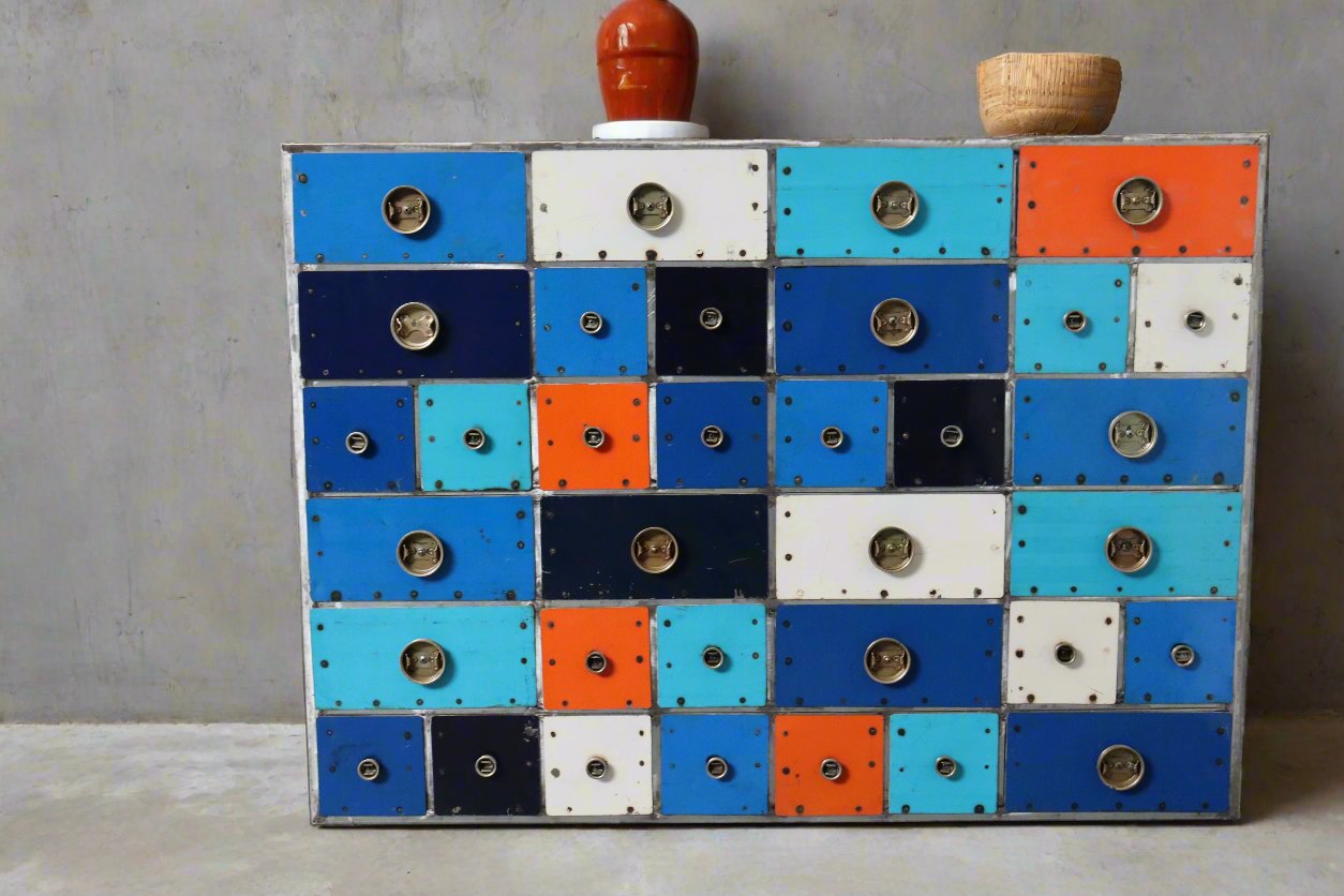 A Recycled Oil Drum Apothecary Drawer Cabinet