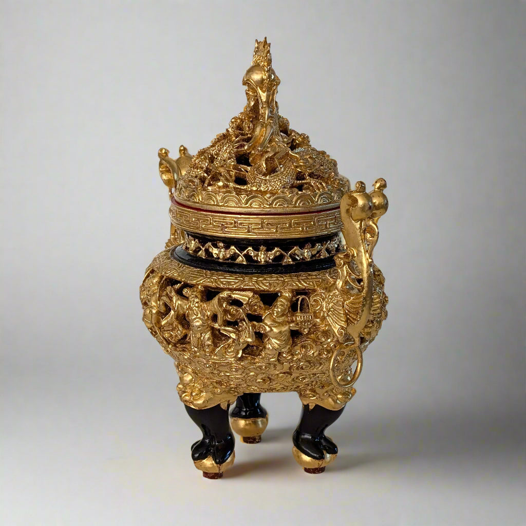 A Chinese Gilt Wood Censer in a Fitted Glass Display Case, 20th Century