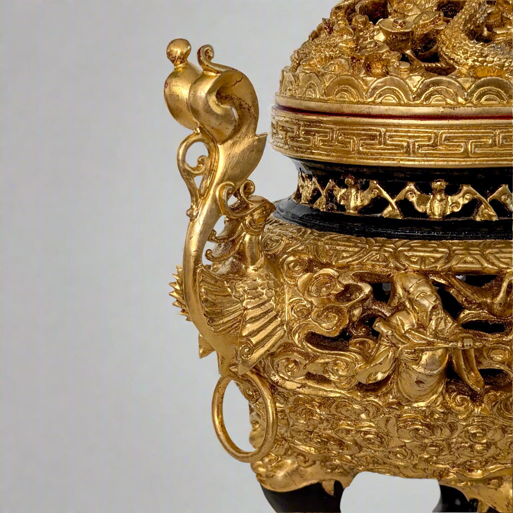 A Chinese Gilt Wood Censer in a Fitted Glass Display Case, 20th Century