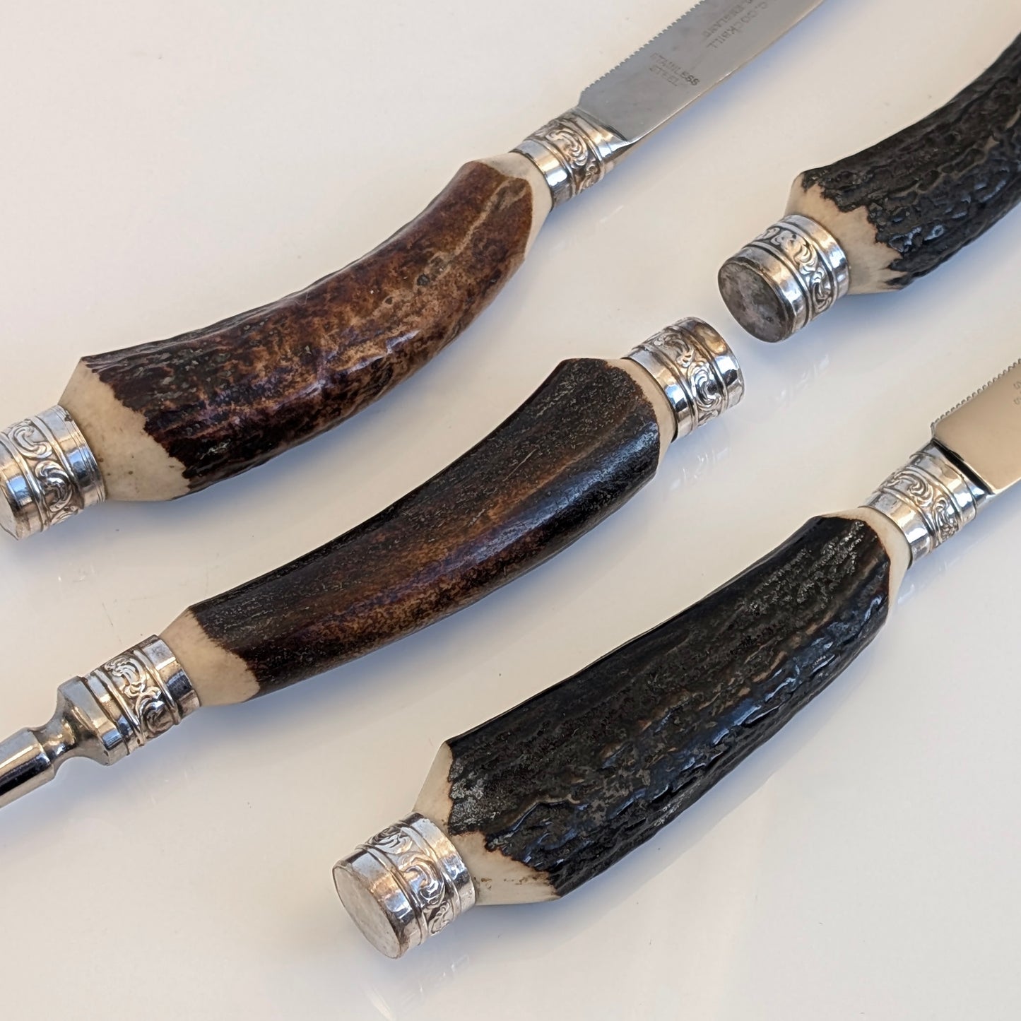 Set of Antler-Handled Stainless Steel Steak Cutlery by Ernest Cockbill
