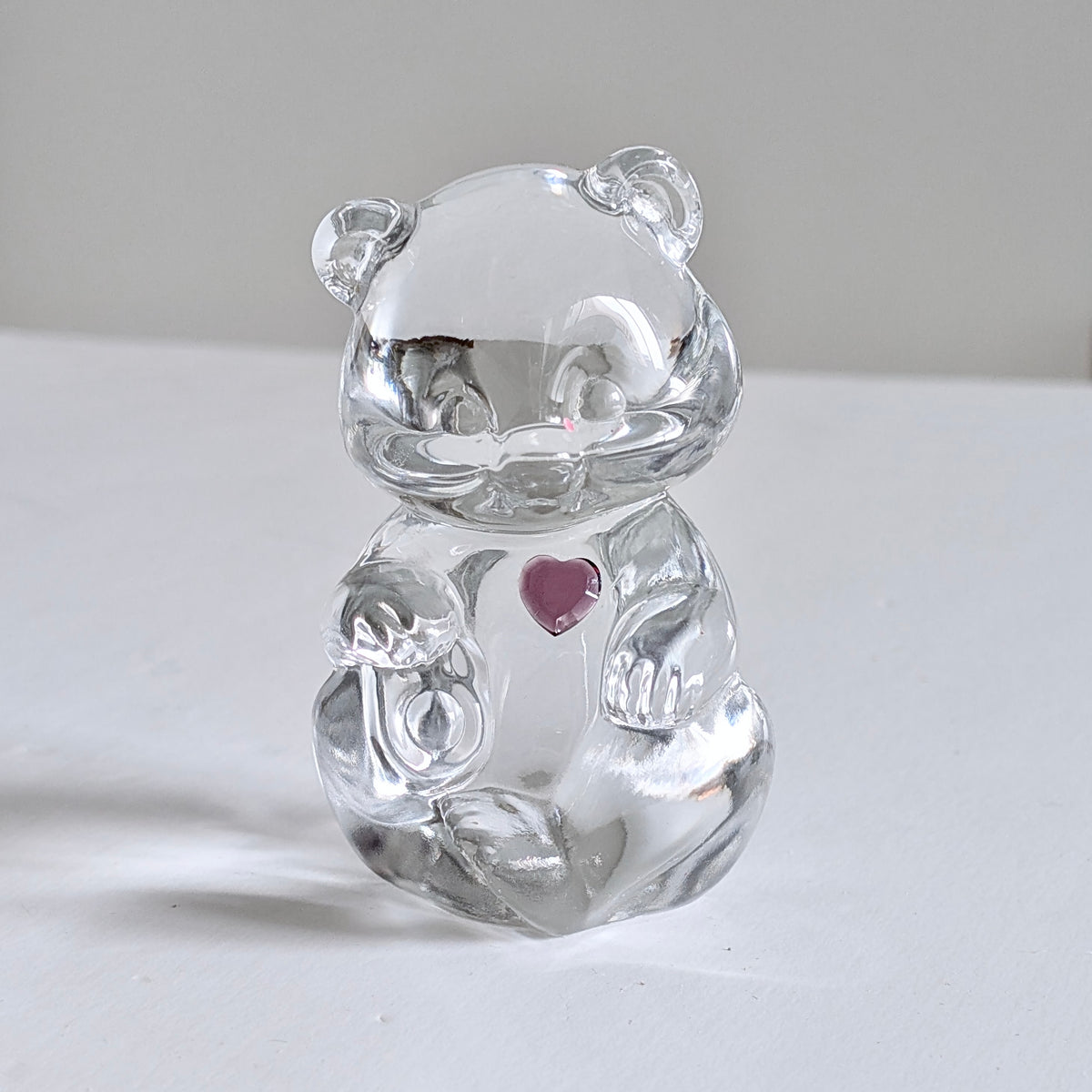 A Fenton "October Birthstone" Clear Glass Pink Heart Teddy Bear