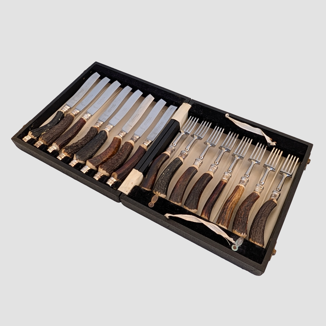 Set of Antler-Handled Stainless Steel Steak Cutlery by Ernest Cockbill