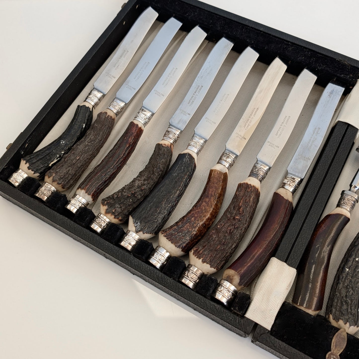 Set of Antler-Handled Stainless Steel Steak Cutlery by Ernest Cockbill