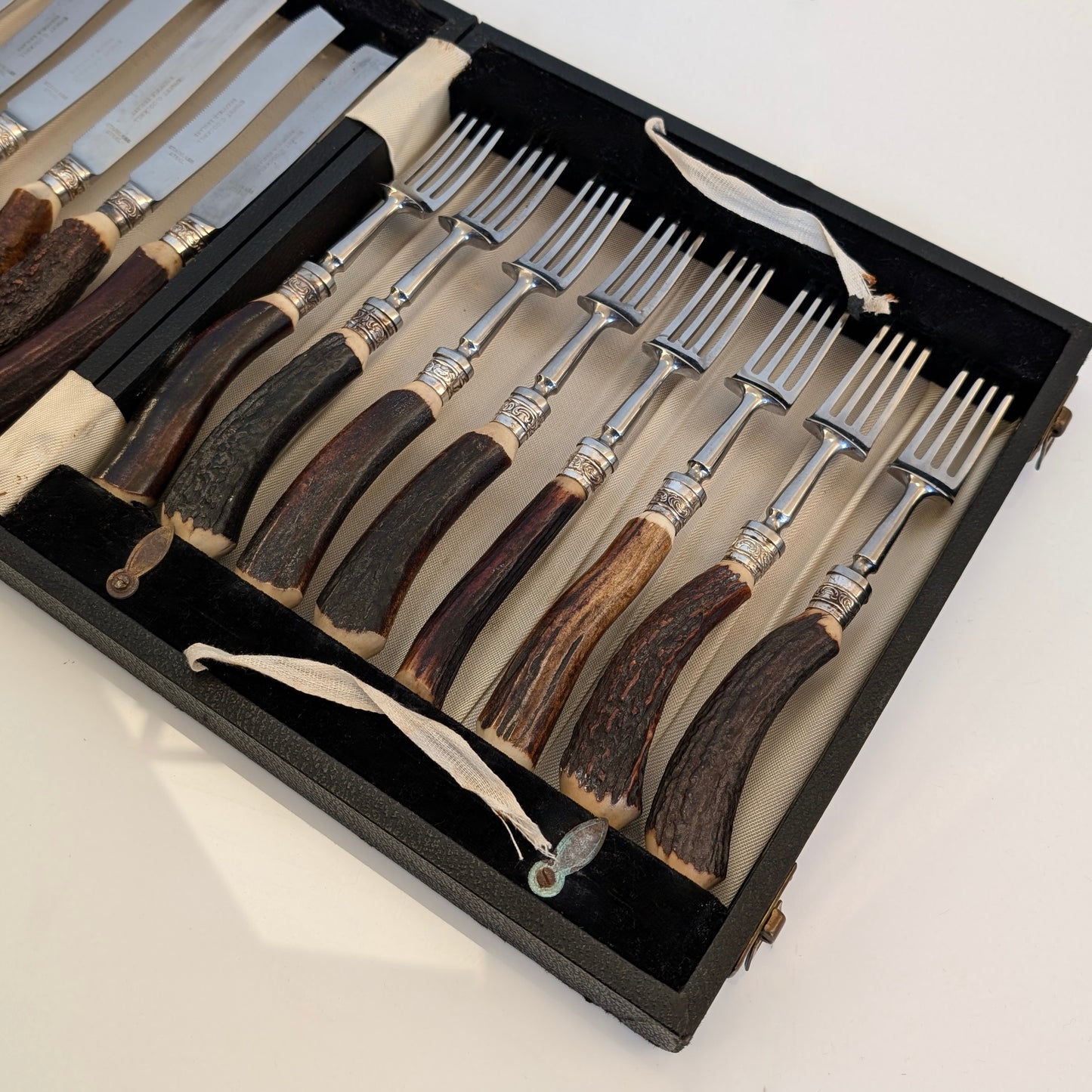 Set of Antler-Handled Stainless Steel Steak Cutlery by Ernest Cockbill