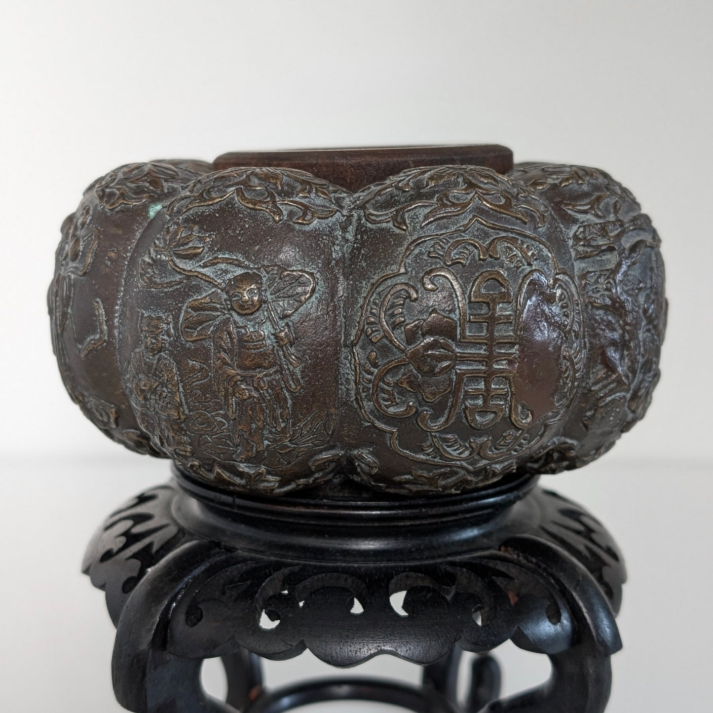 A Chinese Qing Dynasty Bronze Jar / Brush Wash on Stand