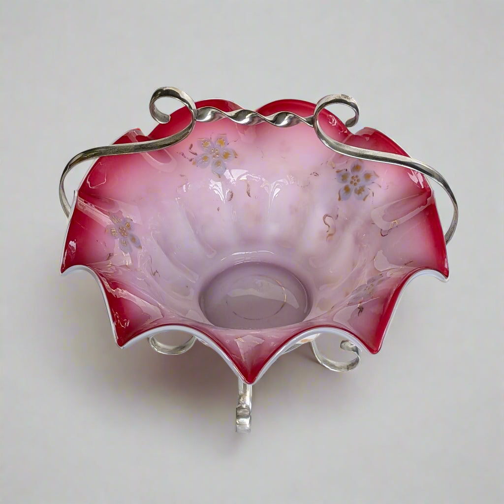 A Large Victorian Glass Bride's Basket in Silver Plated Stand