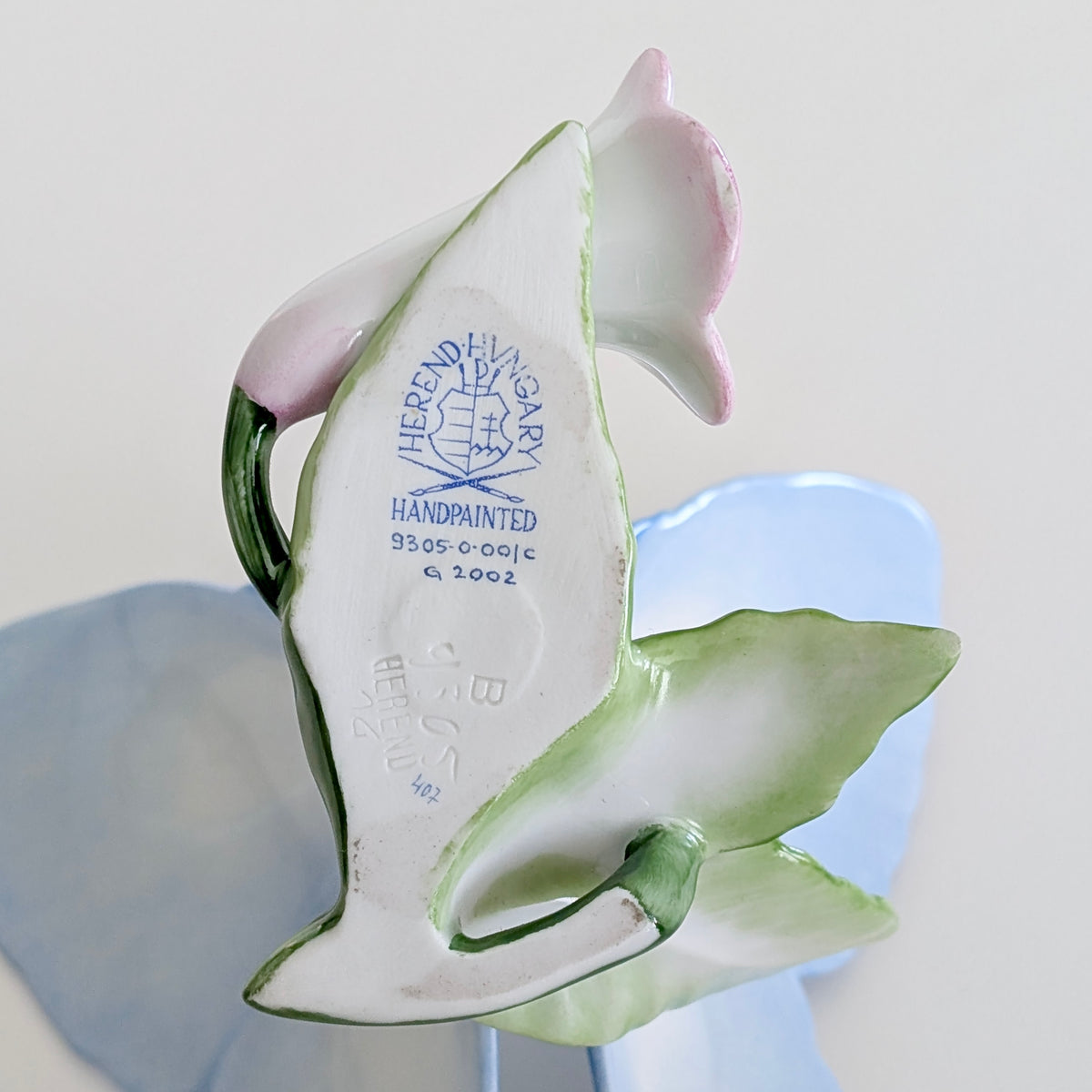 A Large HEREND Porcelain Blue Butterfly on Pink Flowers