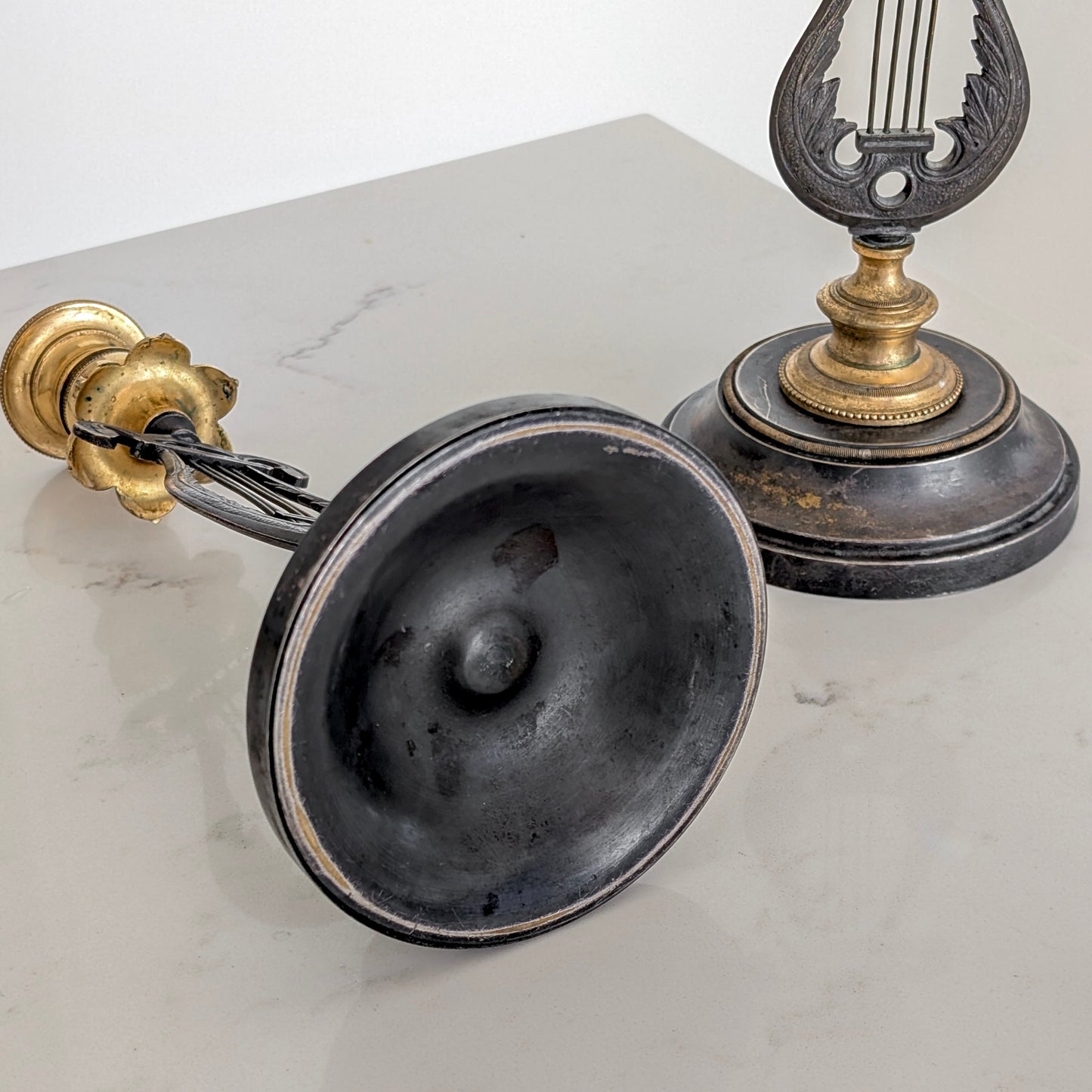 A Pair of 19th Century Gilt Bronze "Lyre" Candle Holders