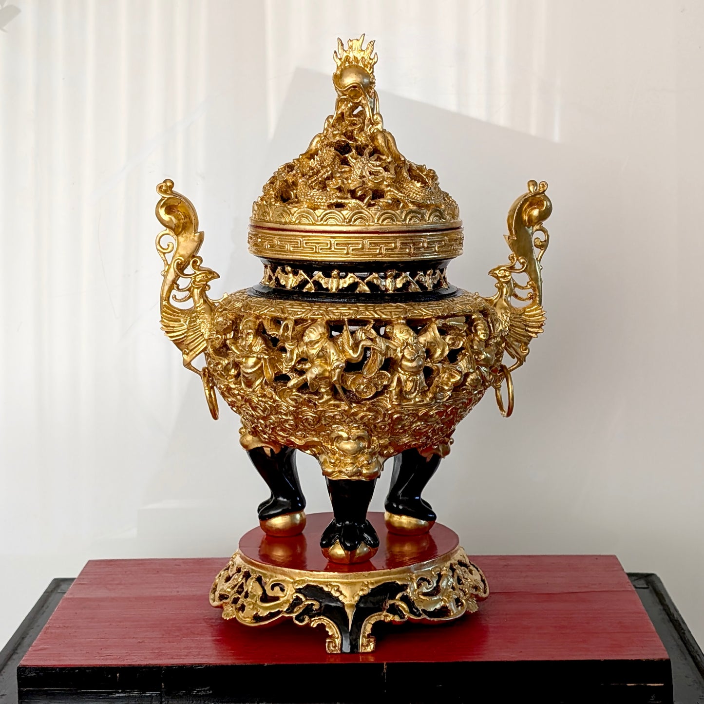 A Chinese Gilt Wood Censer in a Fitted Glass Display Case, 20th Century