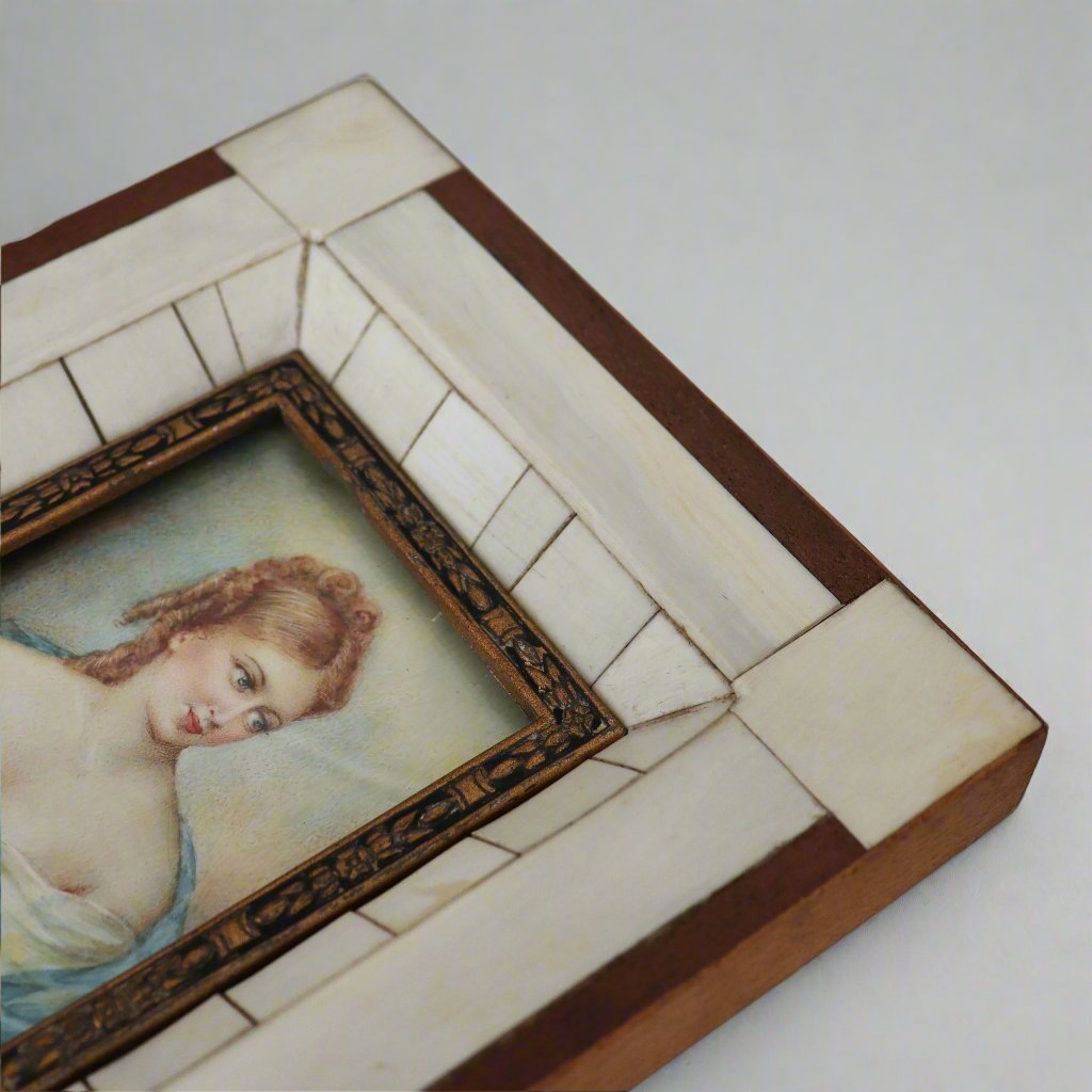 Hand painted Portrait Miniature in Bone Inlaid Frame, early 20th Century