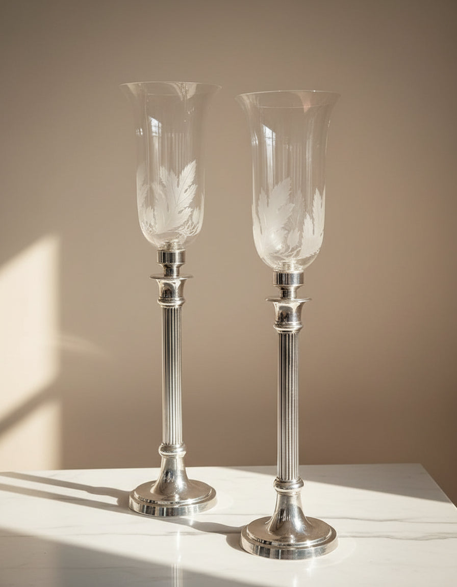 Pair of Substantial Silver Plated Hurricane Lamps