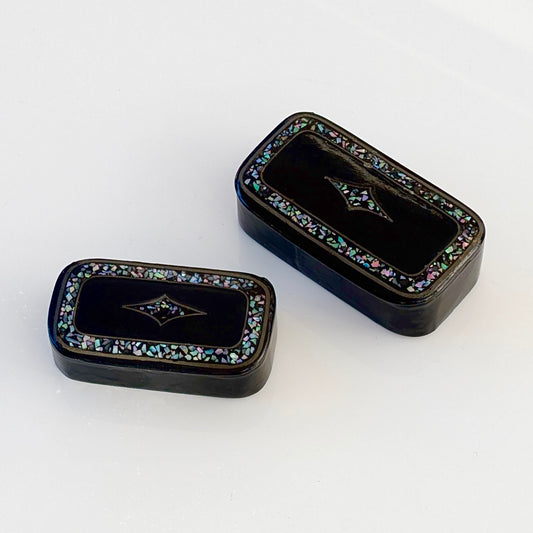 Two Victorian Papier-mâché Shell Inlaid Snuff Boxes, c1860-1880