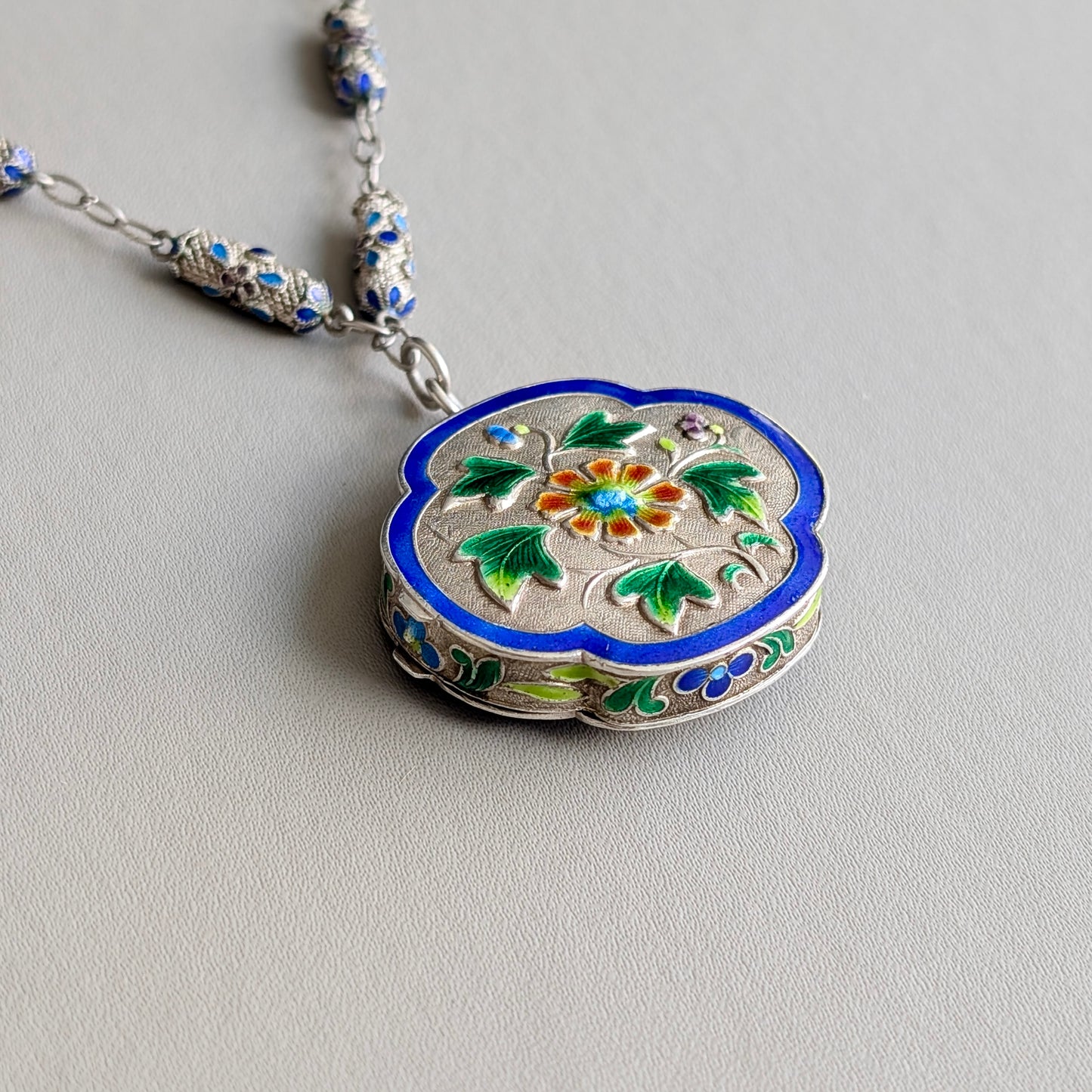 A Chinese Silver Cloisonné Locket Necklace