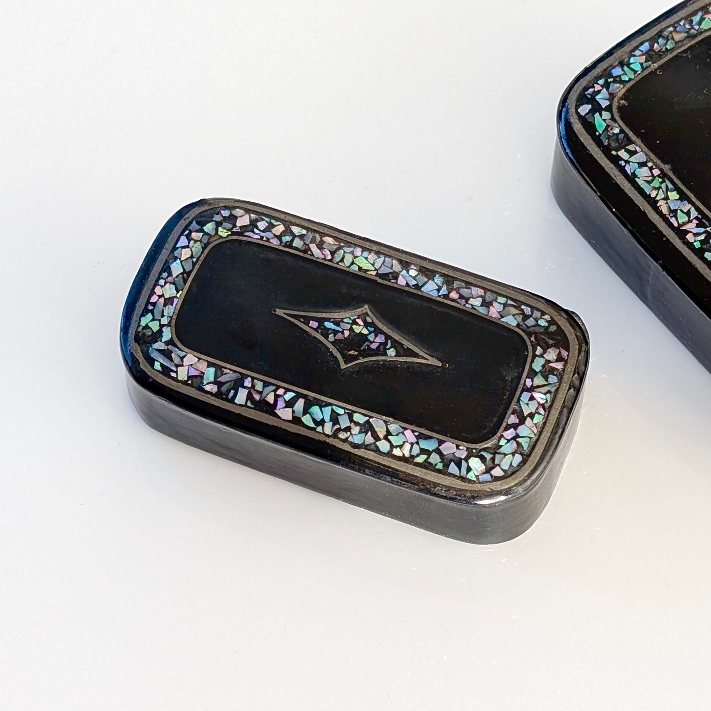 Two Victorian Papier-mâché Shell Inlaid Snuff Boxes, c1860-1880