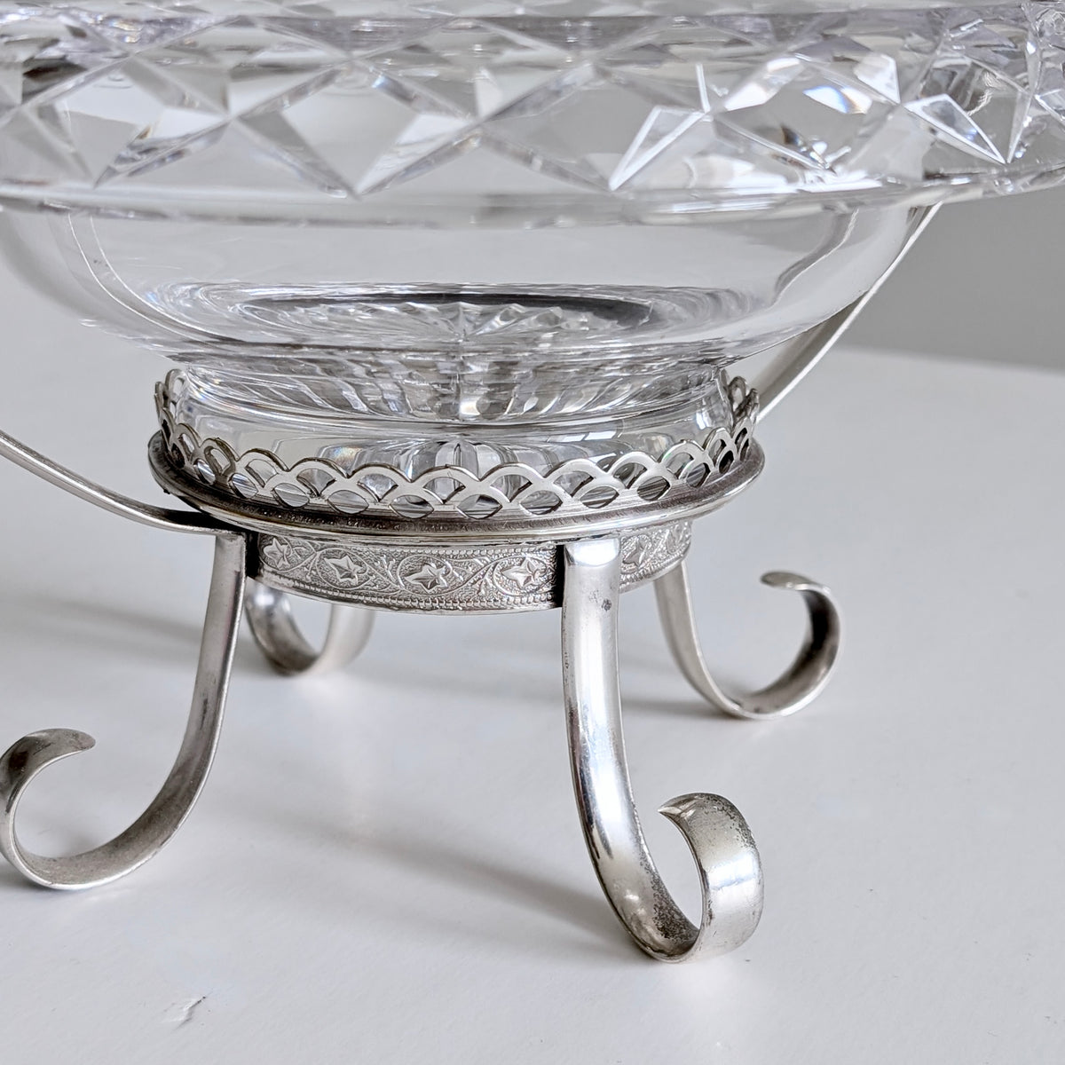 A Rare Stuart Crystal Diamond-Cut Centrepiece Bowl in Silver Plated Stand