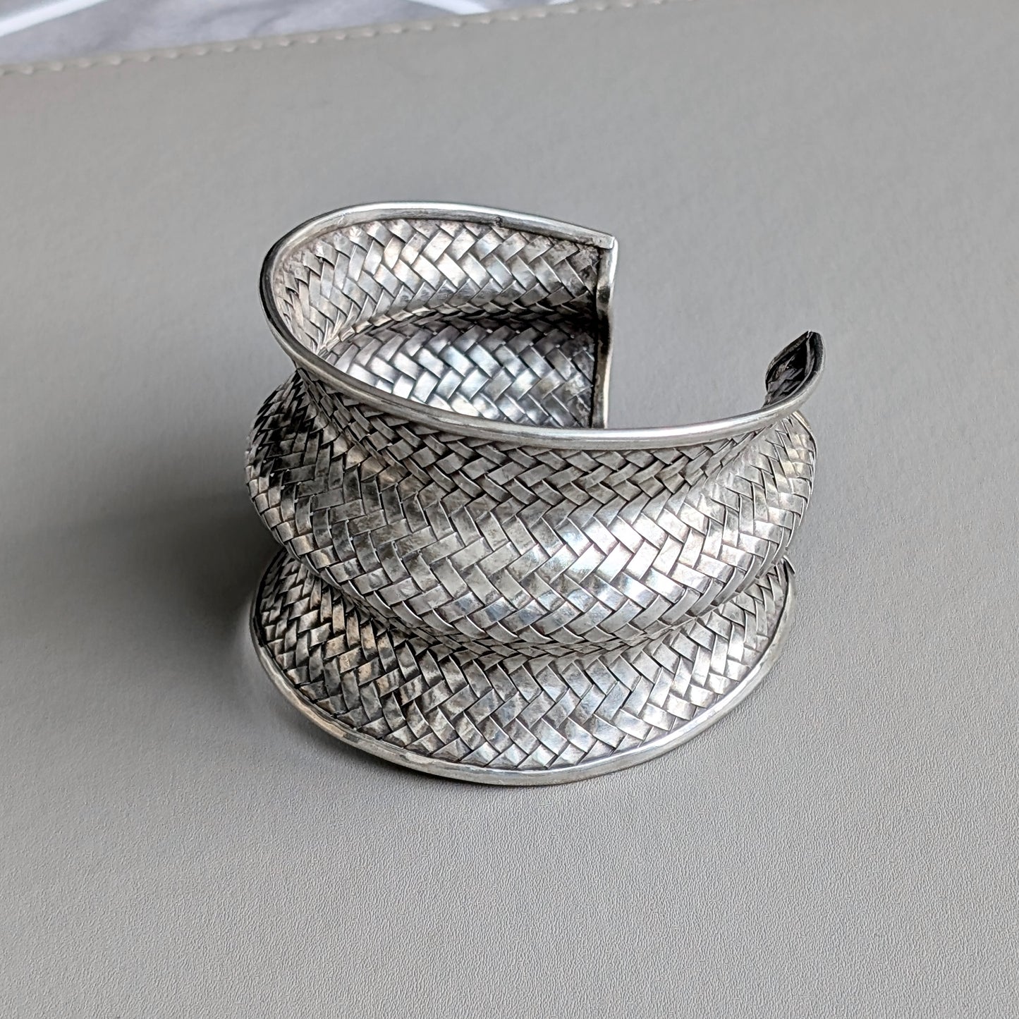A Large Hill Tribe Sterling Silver Basketweave Cuff Bangle