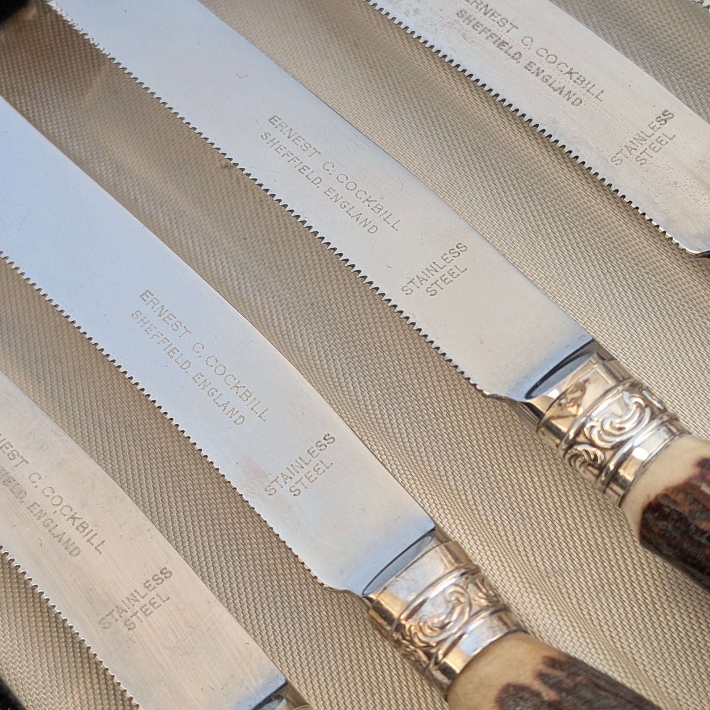 Set of Antler-Handled Stainless Steel Steak Cutlery by Ernest Cockbill