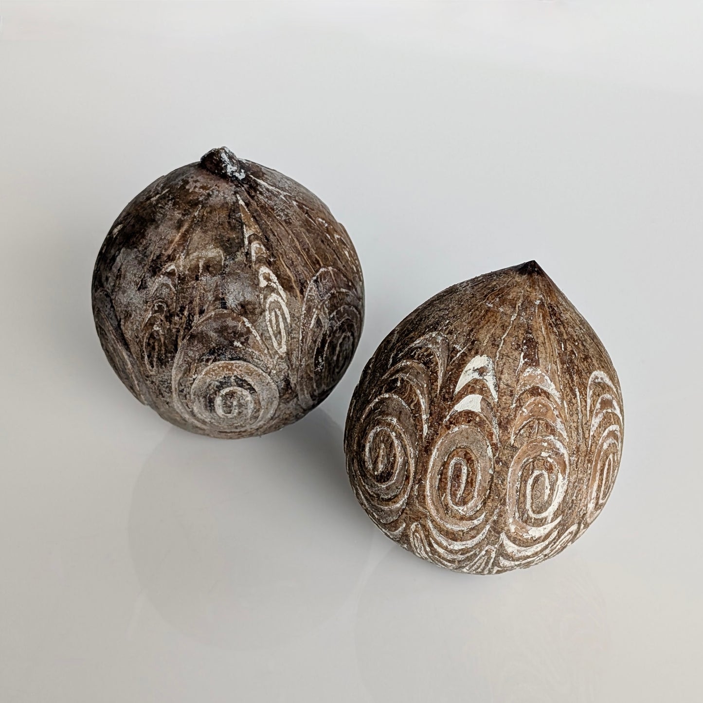 Two Iban Dayak Carved Gourd Lime Boxes, Borneo, 19th Century