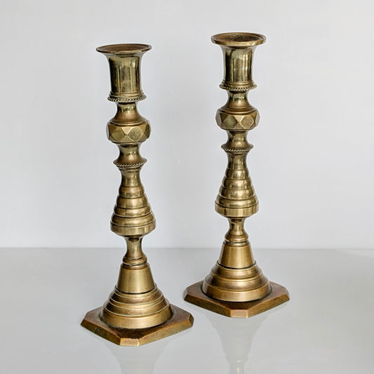 Pair of Victorian Brass 'Beehive' Ejector Candlesticks, c1890