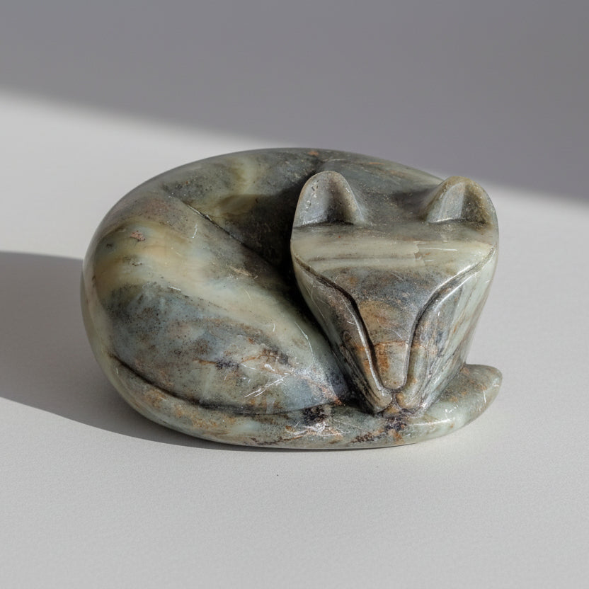 A Carved Soapstone Sleeping Fox Sculpture