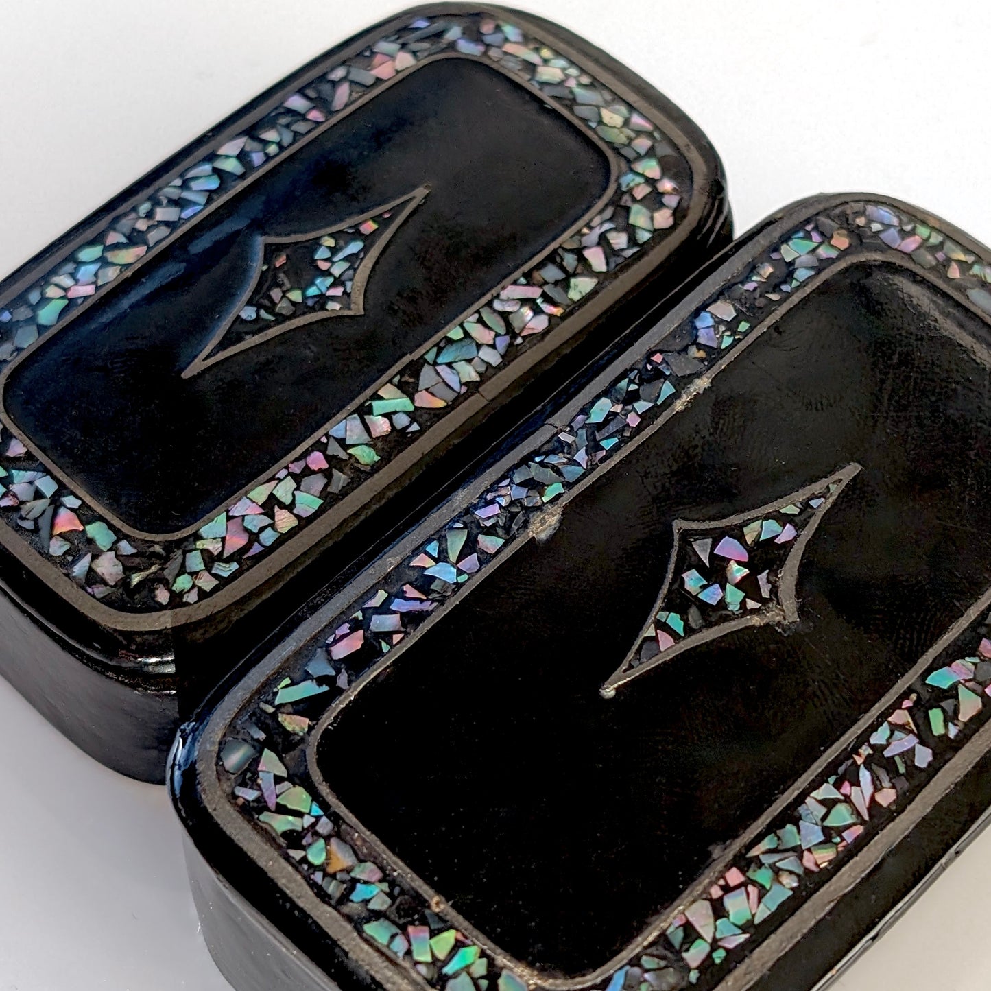 Two Victorian Papier-mâché Shell Inlaid Snuff Boxes, c1860-1880