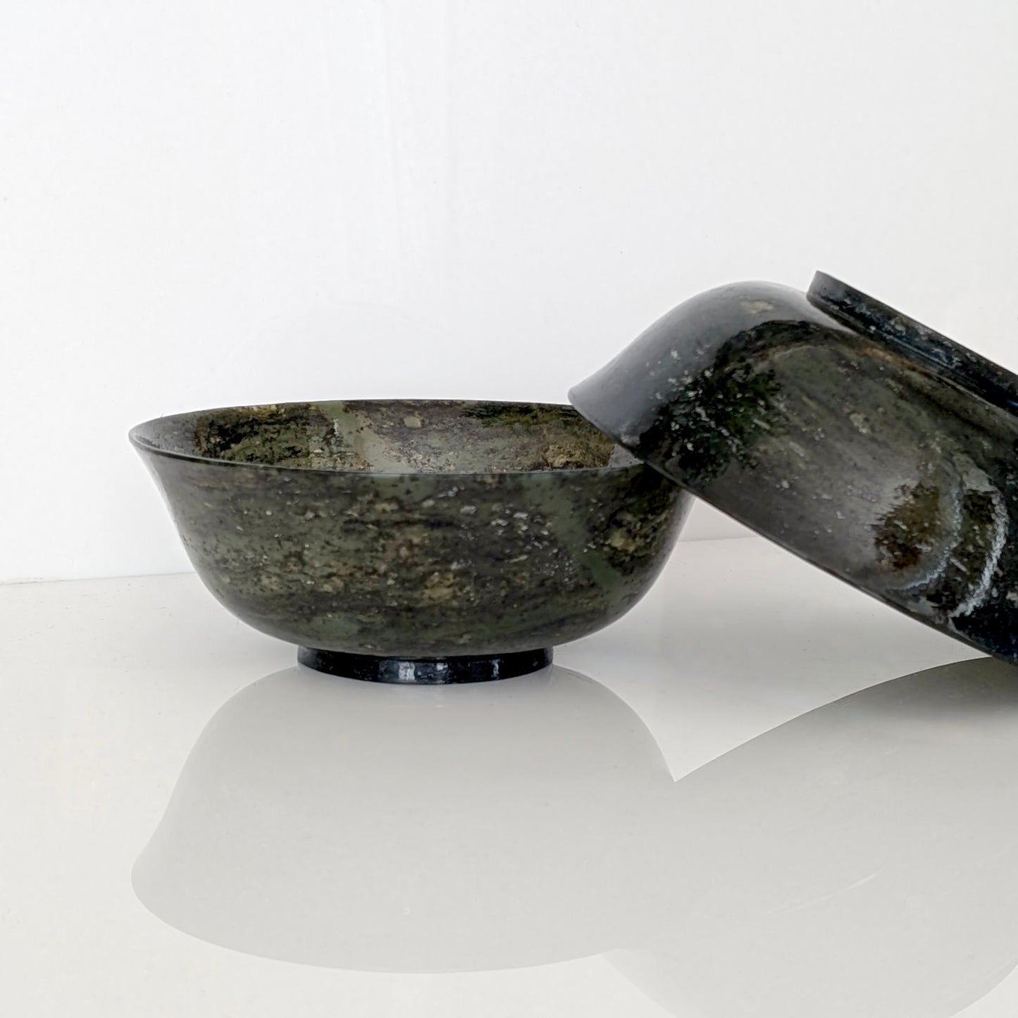 Pair of Chinese Spinach Jade Bowls on Stands