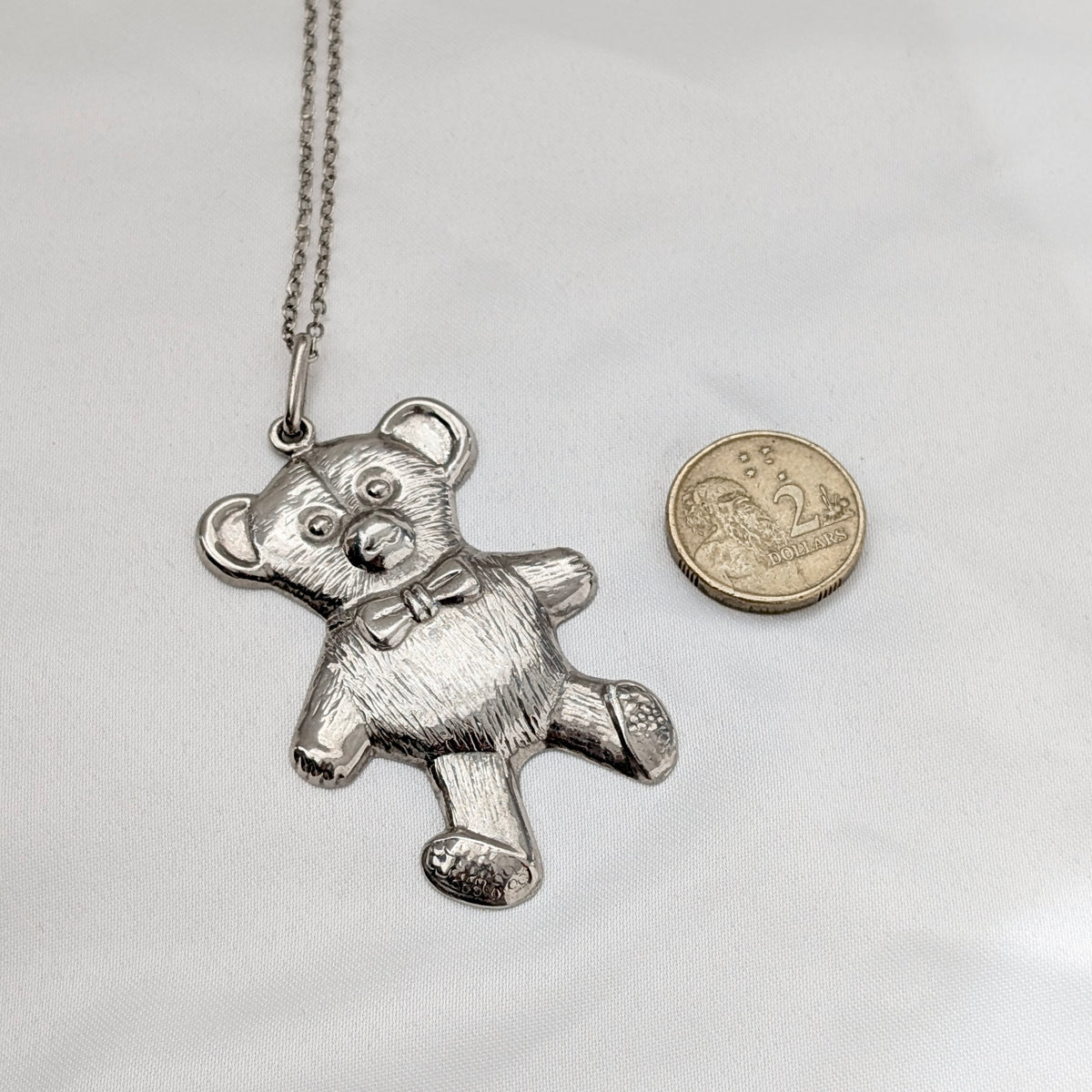 A Large Sterling Silver Teddy Bear Pendant on Chain, circa 1970's