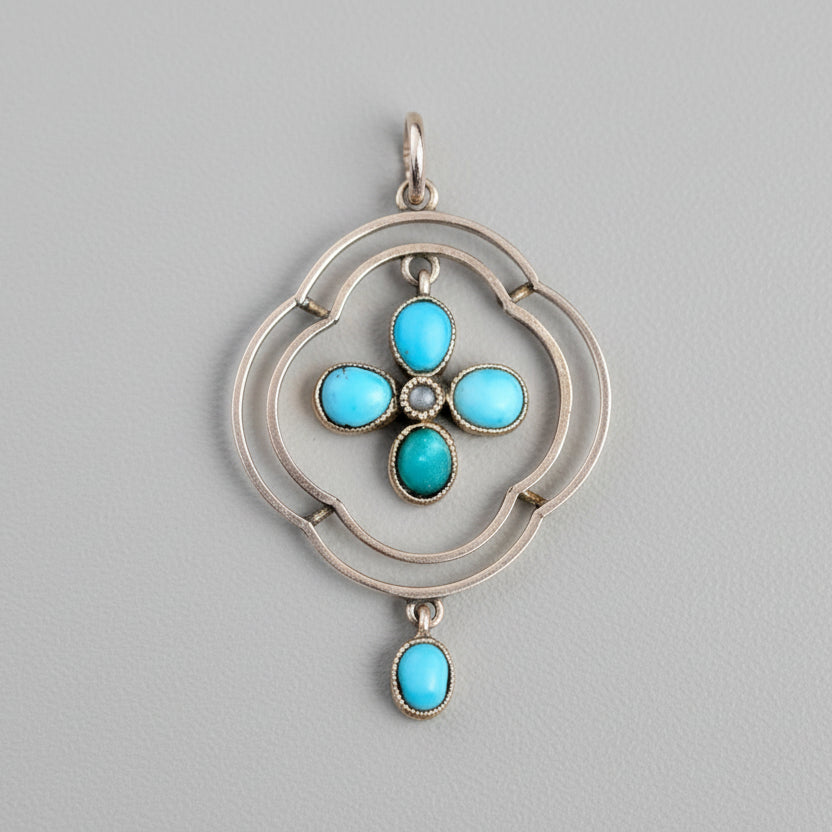 A Victorian 9ct Gold, Turquoise & Seed Pearl Pendant, c1890