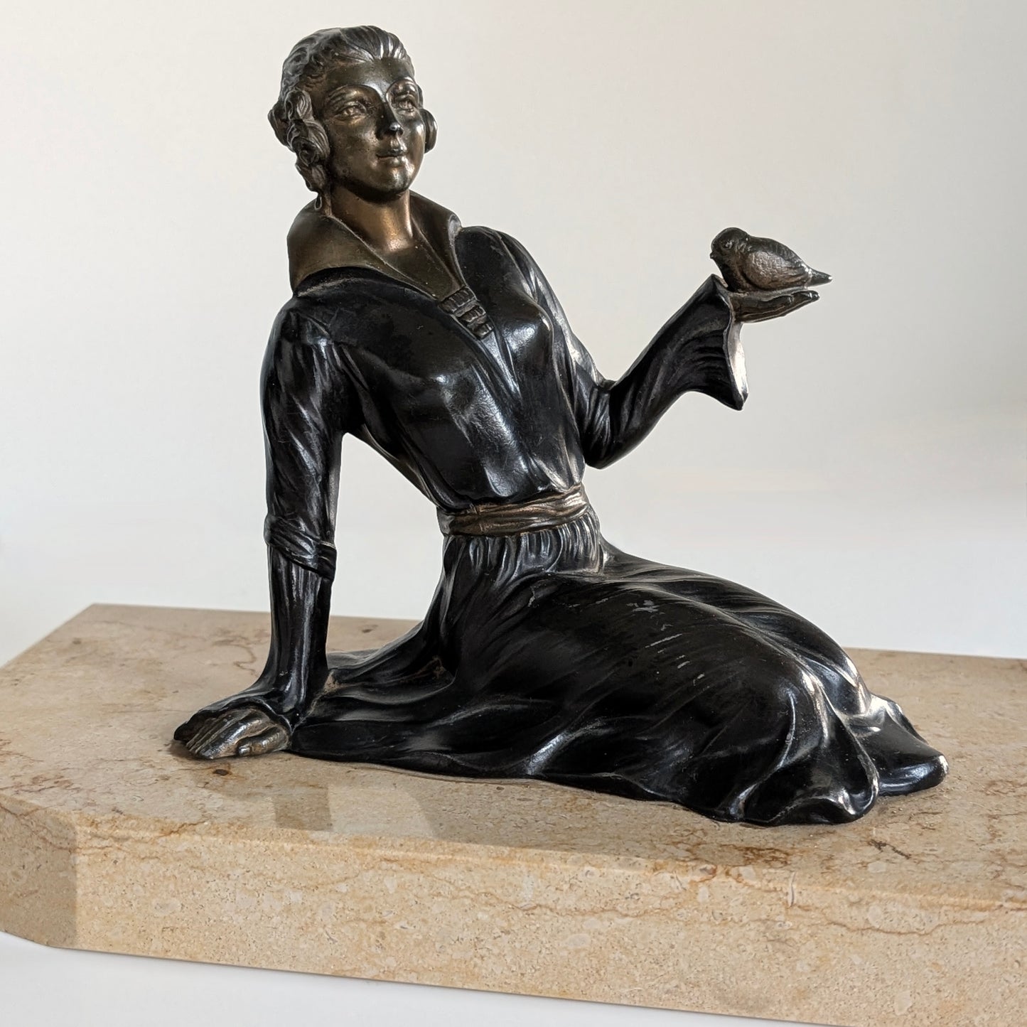 Art Deco Spelter 'Lady & Fawn' Sculpture on Marble Base
