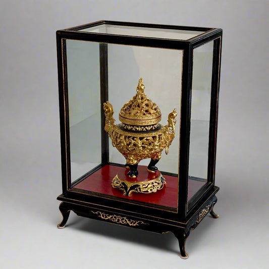 A Chinese Gilt Wood Censer in a Fitted Glass Display Case, 20th Century