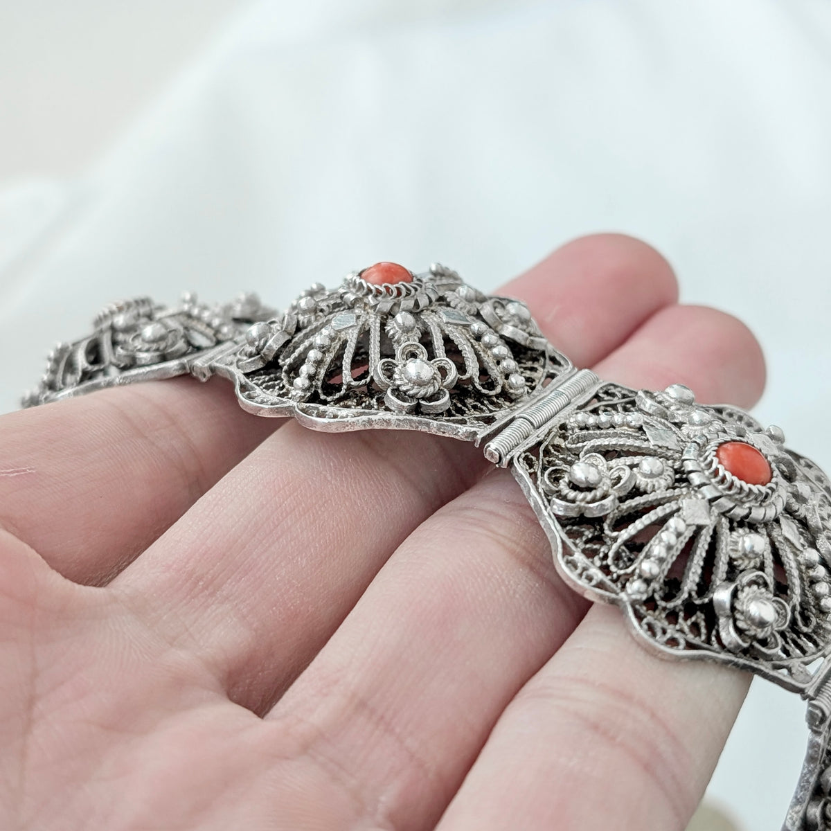 A Substantial Balkan 0.800 Silver Filigree & Coral Bracelet