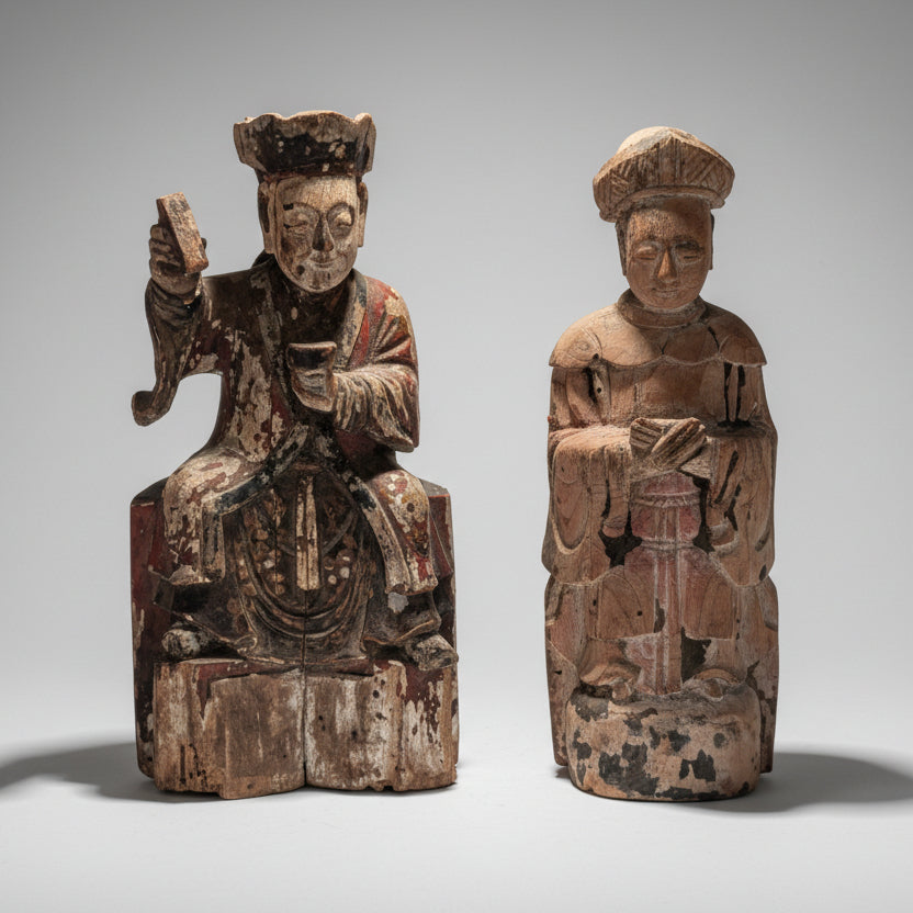 Two Chinese Carved Wood Temple Figures, Qing Dynasty