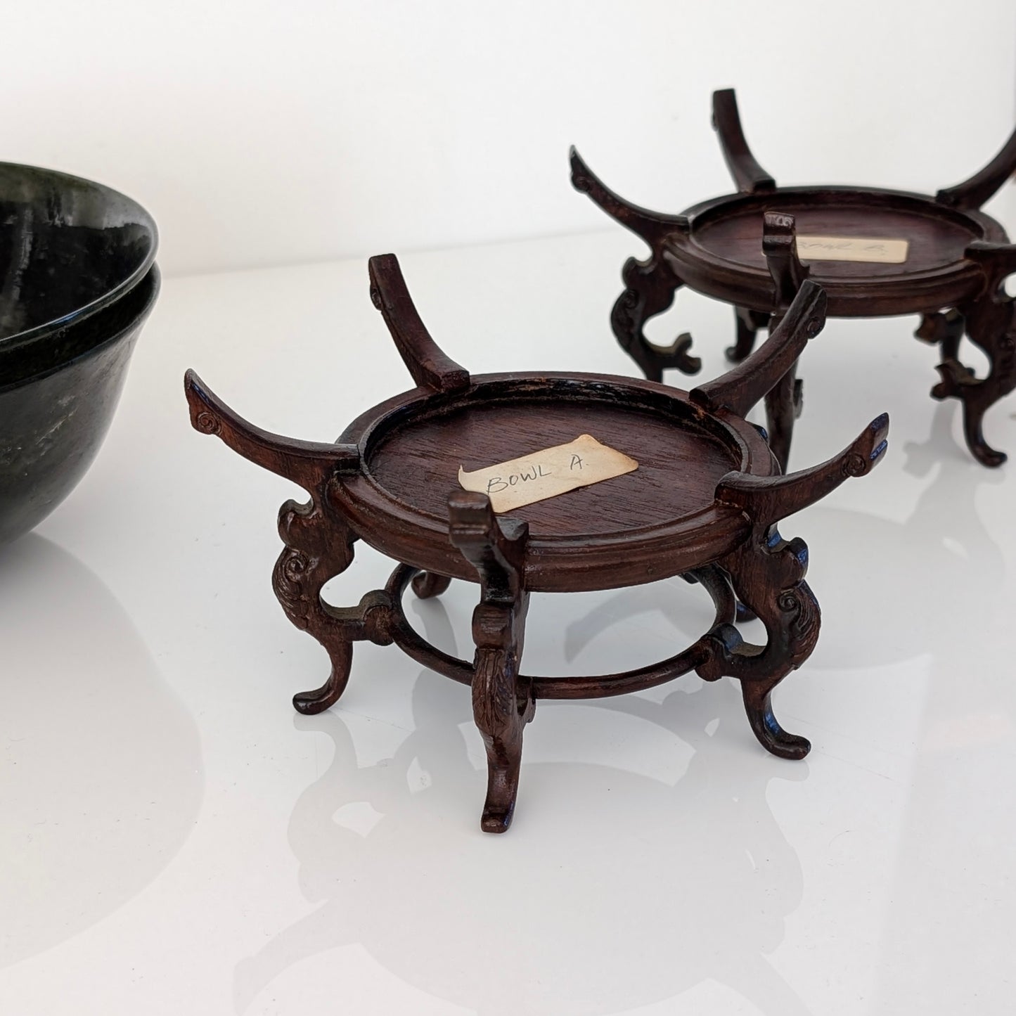 Pair of Chinese Spinach Jade Bowls on Stands