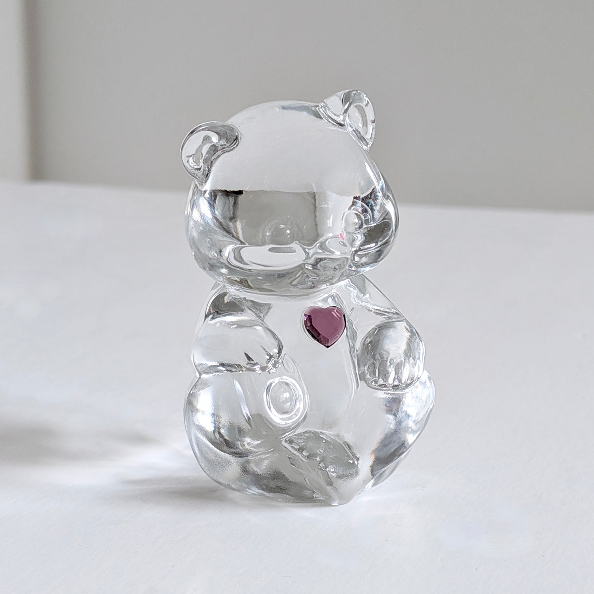 A Fenton "October Birthstone" Clear Glass Pink Heart Teddy Bear