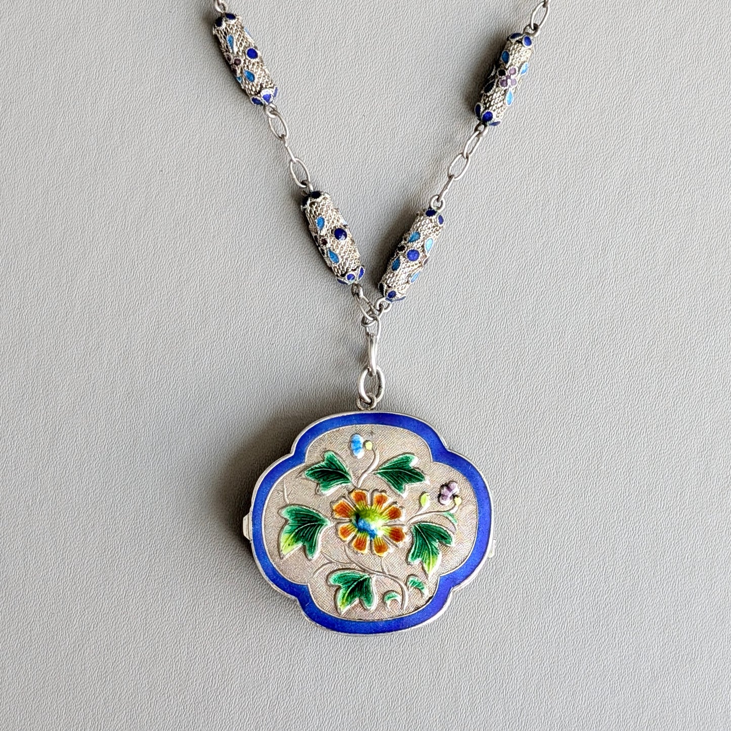 A Chinese Silver Cloisonné Locket Necklace