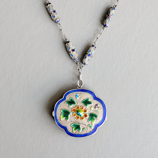 A Chinese Silver Cloisonné Locket Necklace