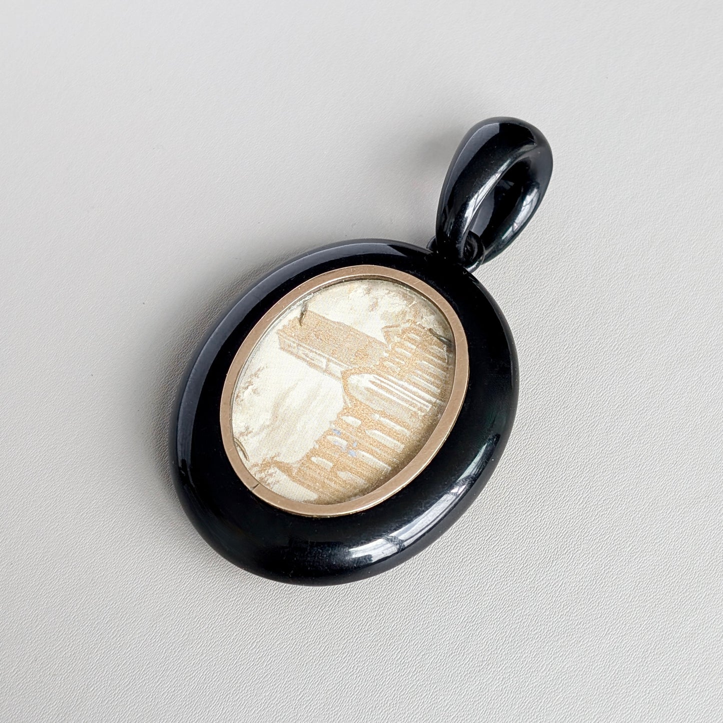 An Impressive Large Victorian Whitby Jet Mourning Locket, labeled "John", c1880