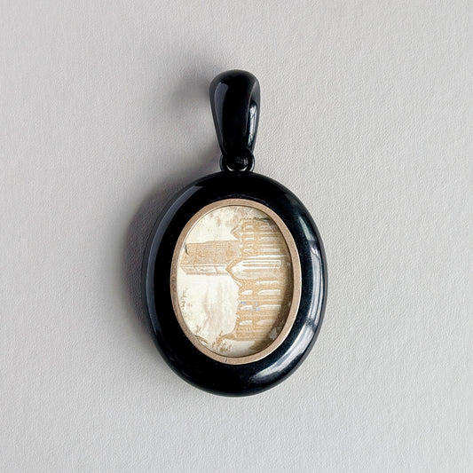 An Impressive Large Victorian Whitby Jet Mourning Locket, labeled "John", c1880