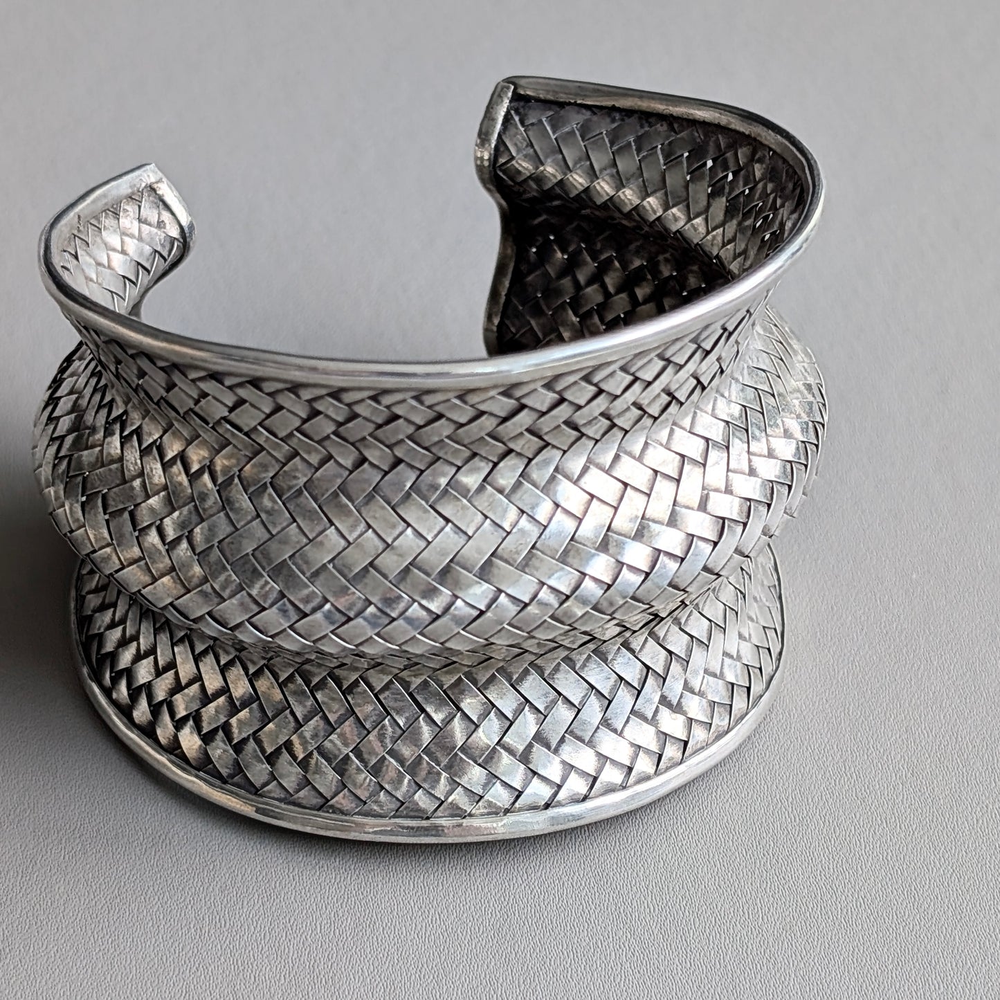 A Large Hill Tribe Sterling Silver Basketweave Cuff Bangle