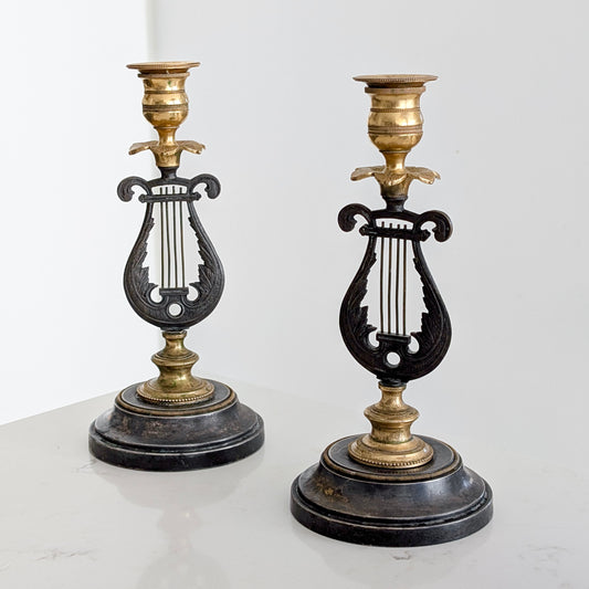 A Pair of 19th Century Gilt Bronze "Lyre" Candle Holders