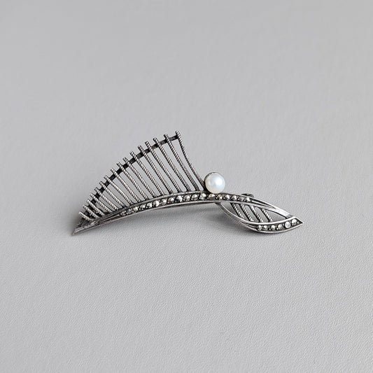 A German Sterling Silver, Akoya Pearl & Marcasite Brooch