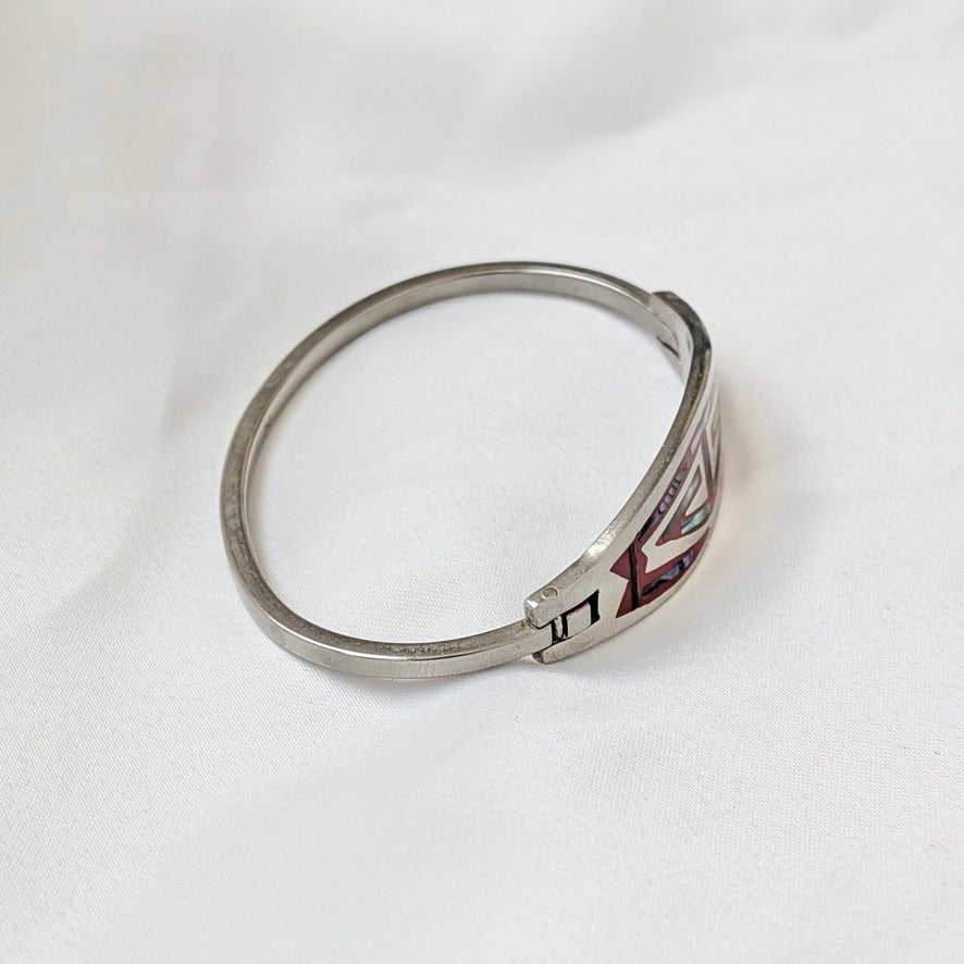 A Mexican Sterling & Alpaca Silver Bracelet with Abalone Shell Inlay, c1970