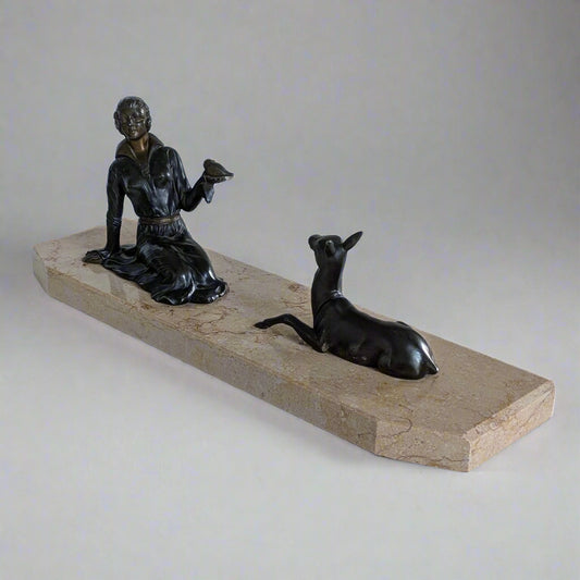 Art Deco Spelter 'Lady & Fawn' Sculpture on Marble Base