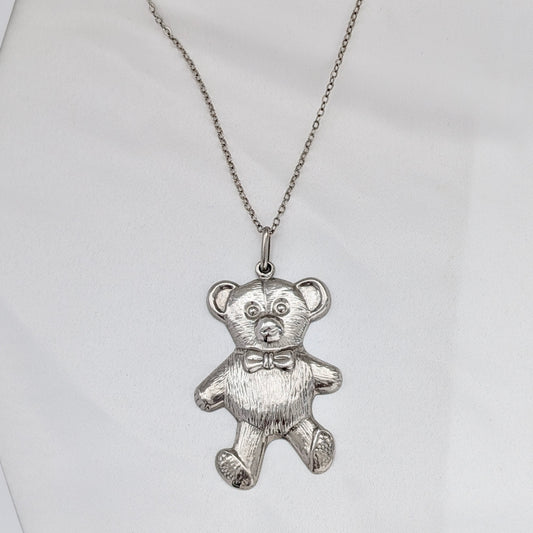 A Large Sterling Silver Teddy Bear Pendant on Chain, circa 1970's