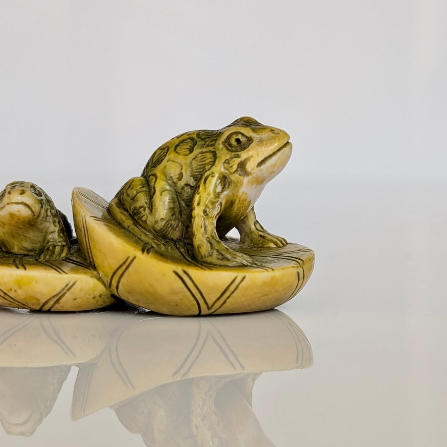 A Signed Japanese Ivory Netsuke of Frogs, Meiji - Taishō Period