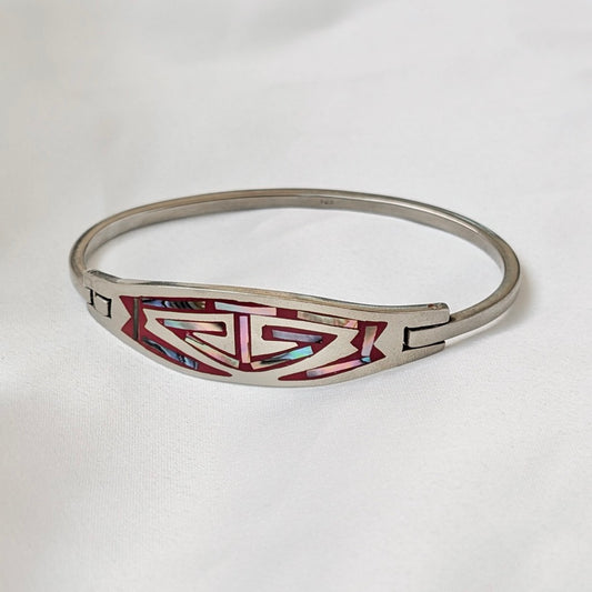 A Mexican Sterling & Alpaca Silver Bracelet with Abalone Shell Inlay, c1970