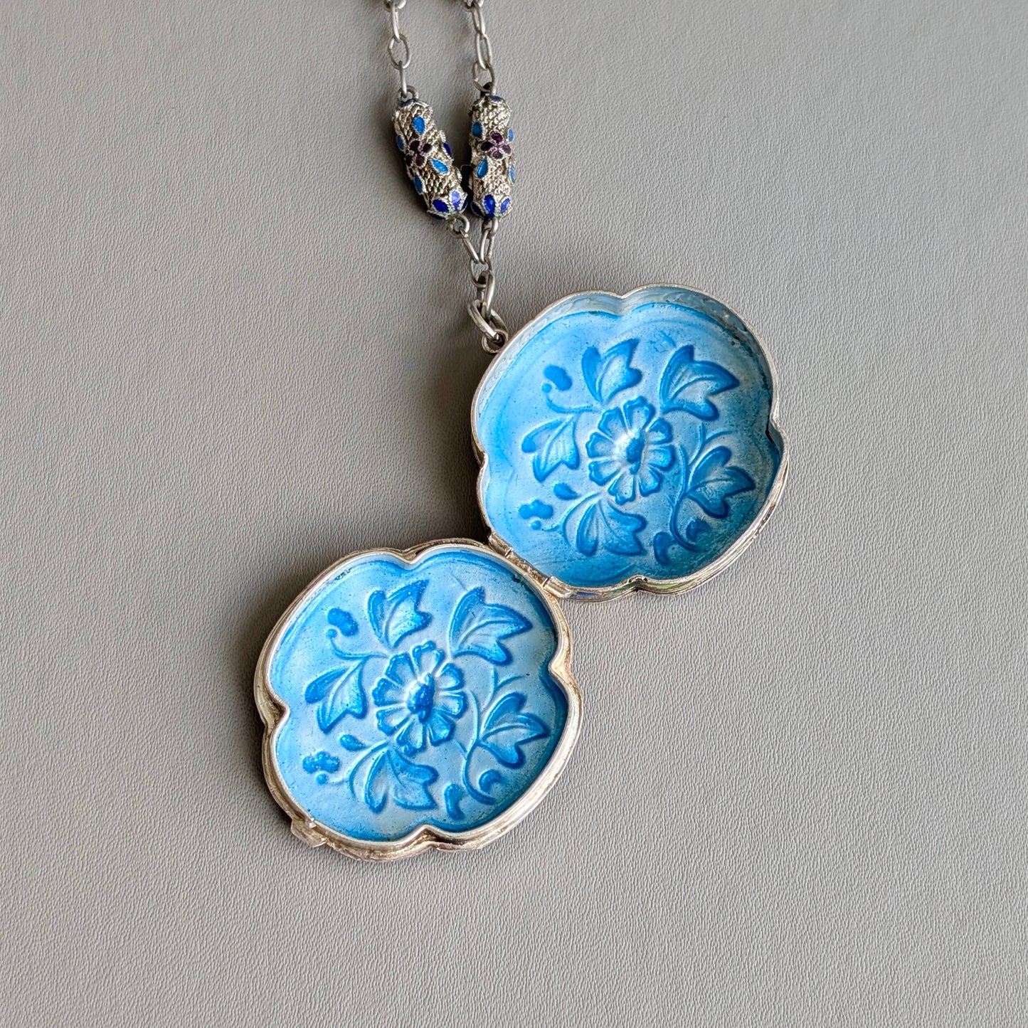 A Chinese Silver Cloisonné Locket Necklace