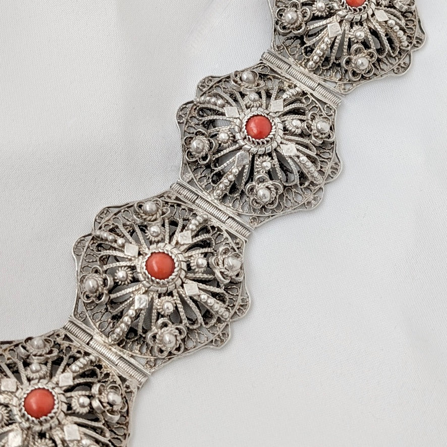 A Substantial Balkan 0.800 Silver Filigree & Coral Bracelet