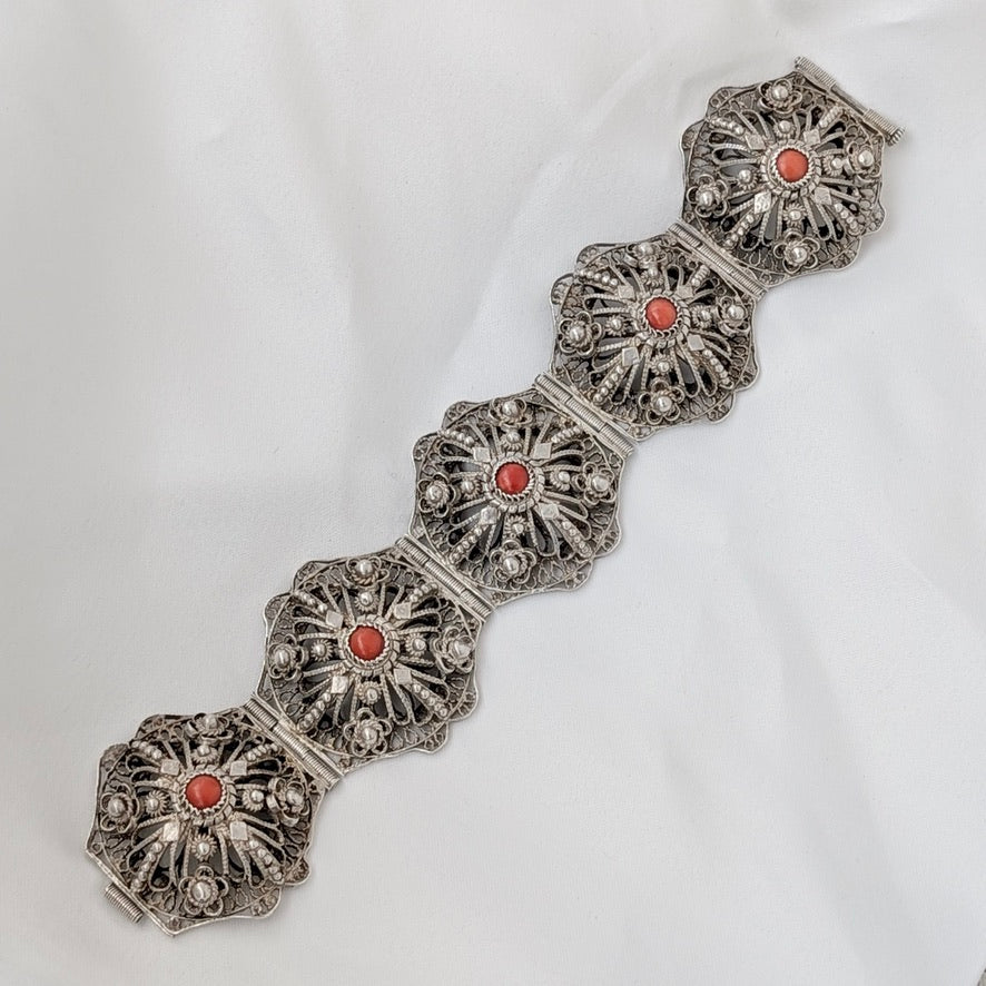 A Substantial Balkan 0.800 Silver Filigree & Coral Bracelet