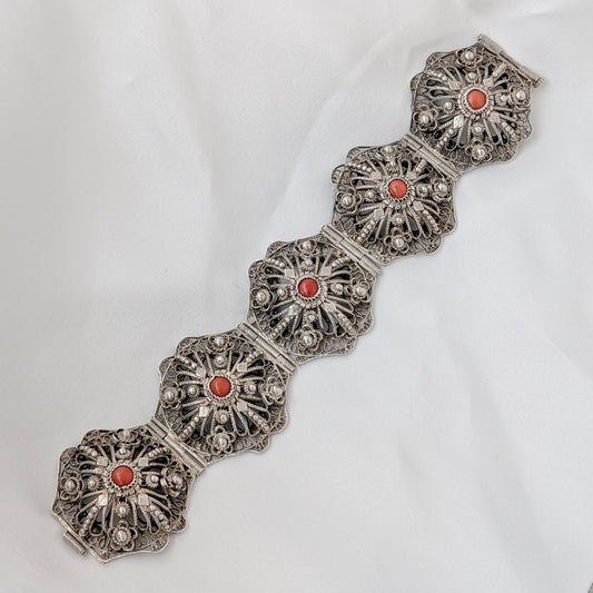 A Substantial Balkan 0.800 Silver Filigree & Coral Bracelet